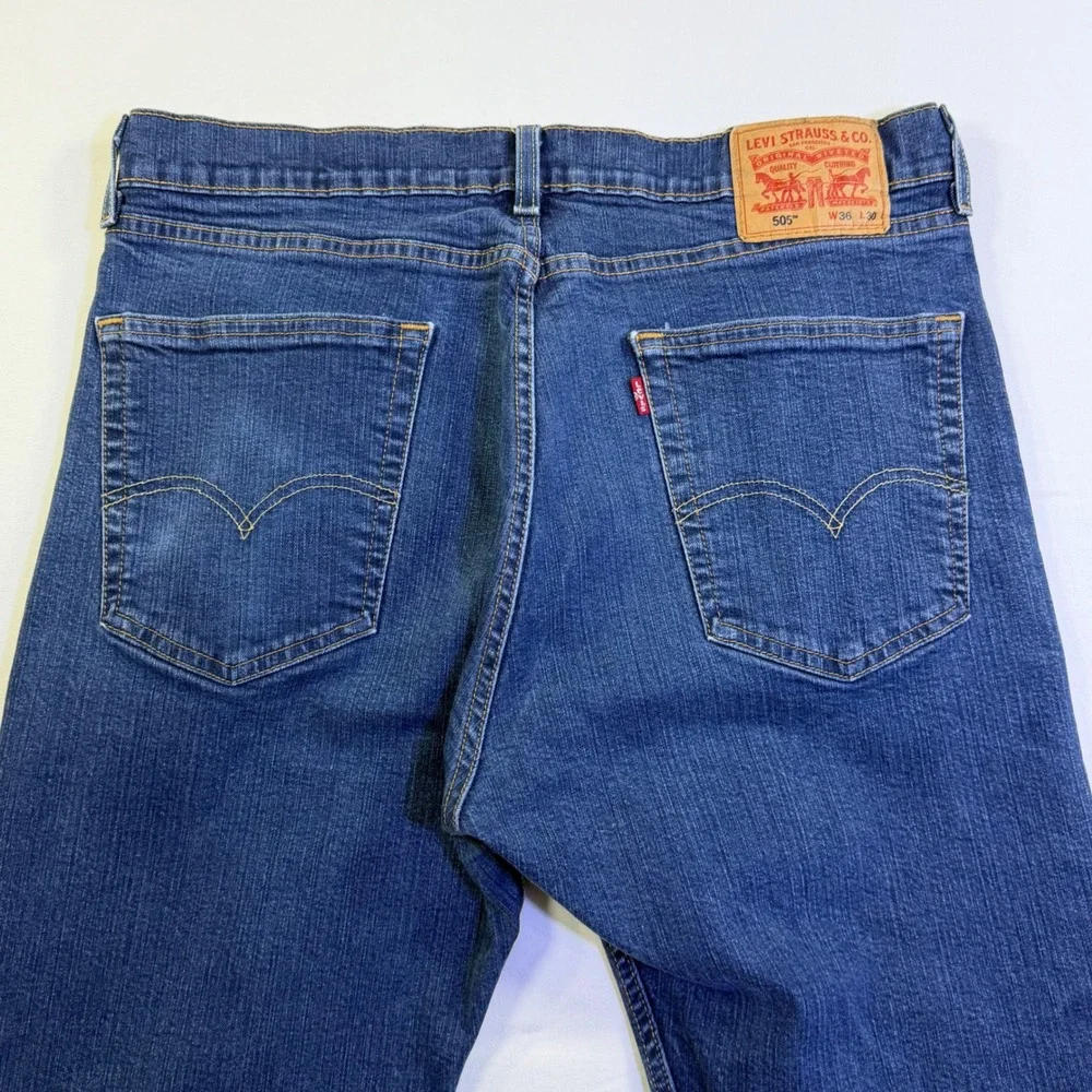 Levi's 505 Mens Jeans 36x29 Regular Fit Straight Leg‎ Blue Wash Denim Stretch